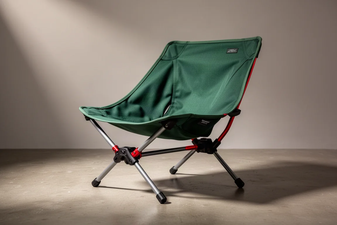 Green folding backpacking chair with grey and red aluminium frame on a concrete surface