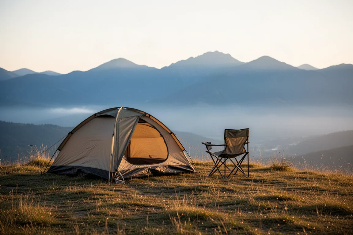 Small tent and folding camp chair on a grassy ridge at golden hour