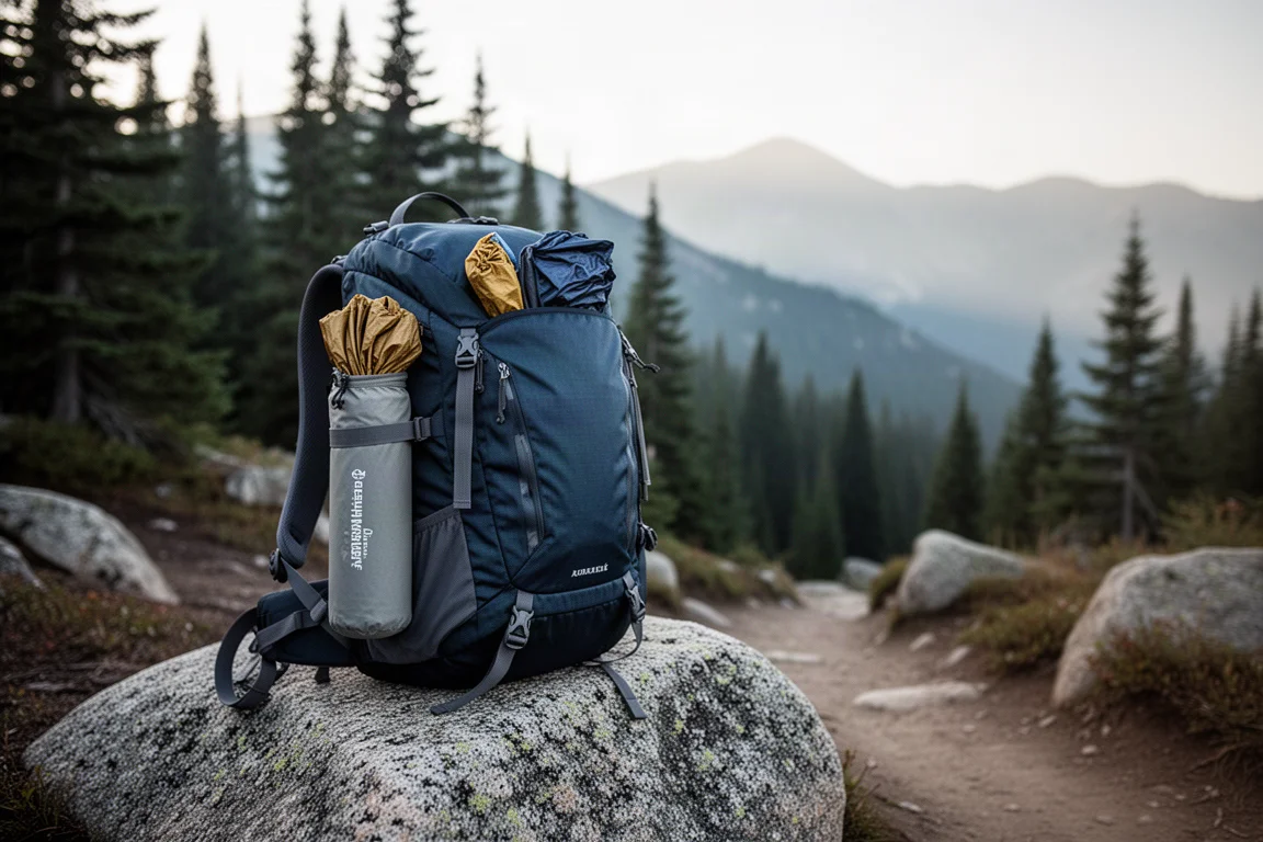 Hiking backpack with slim gear bag strapped to the side on a mountain trail