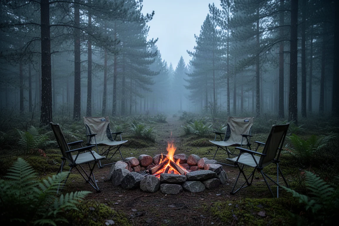 Two folding chairs around a stone fire ring in a forest clearing at dusk
