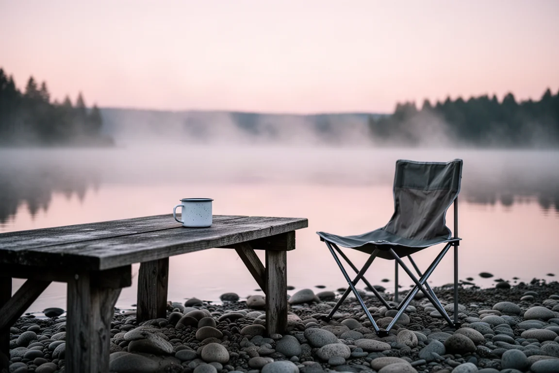 Lakeside camp table with enamel mug and folding chair at sunrise