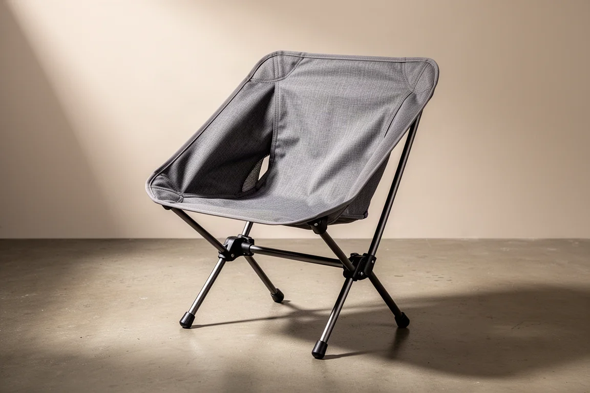 Grey folding camping chair with a slim aluminum frame on a concrete surface