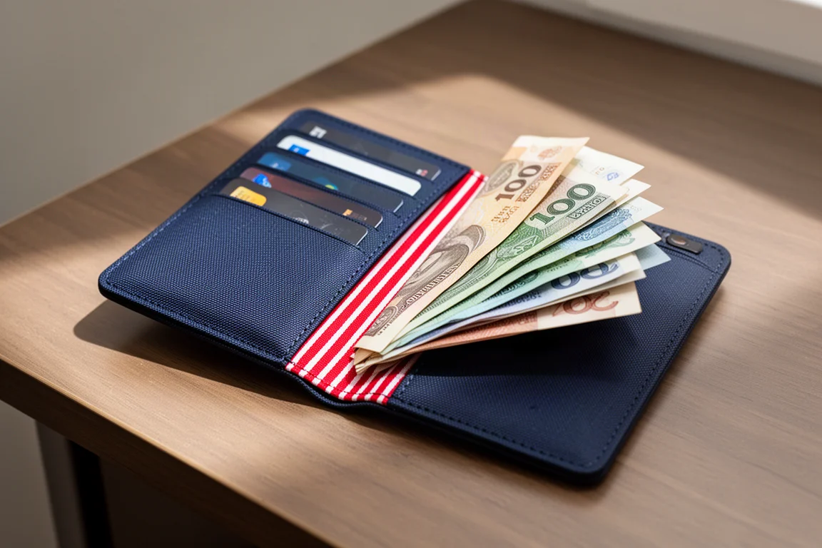 Slim navy bifold wallet opened to show card slots and folded banknotes