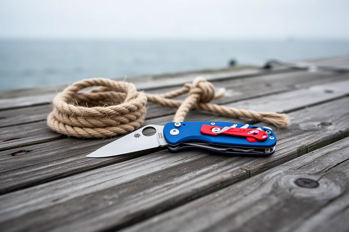 Compact blue-handled pocket knife resting on a weathered dock beside coiled rope
