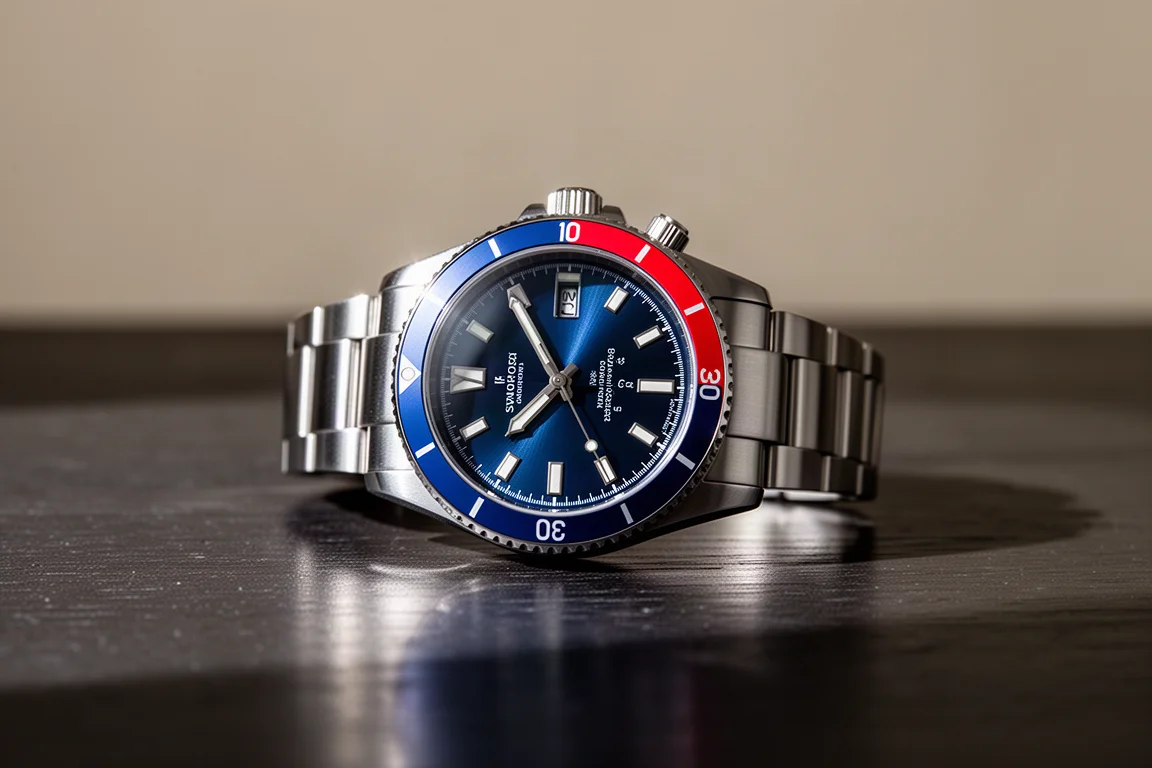 Stainless steel dive watch with blue dial on a wooden surface beside a tide chart