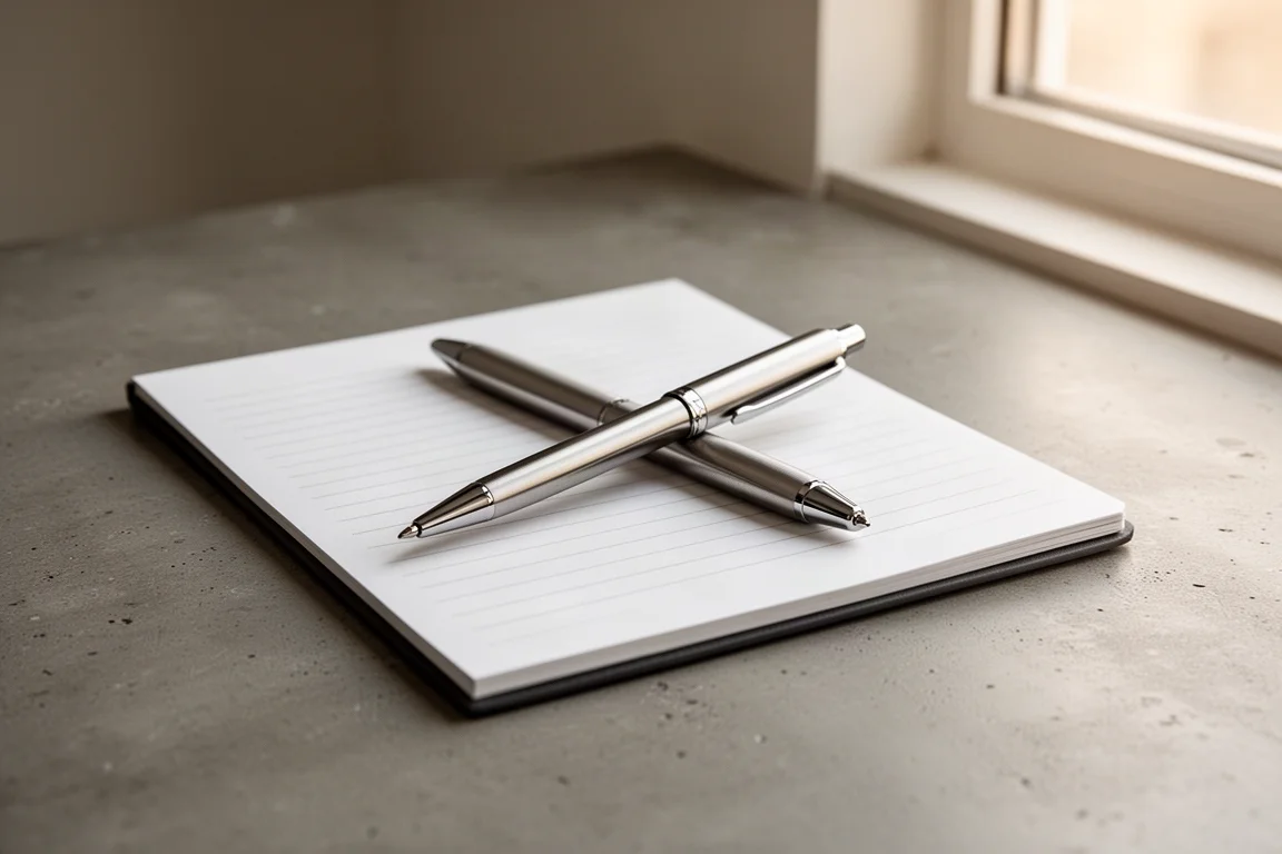 Stainless steel ballpoint pen and slim pocket notebook on a desk with morning light