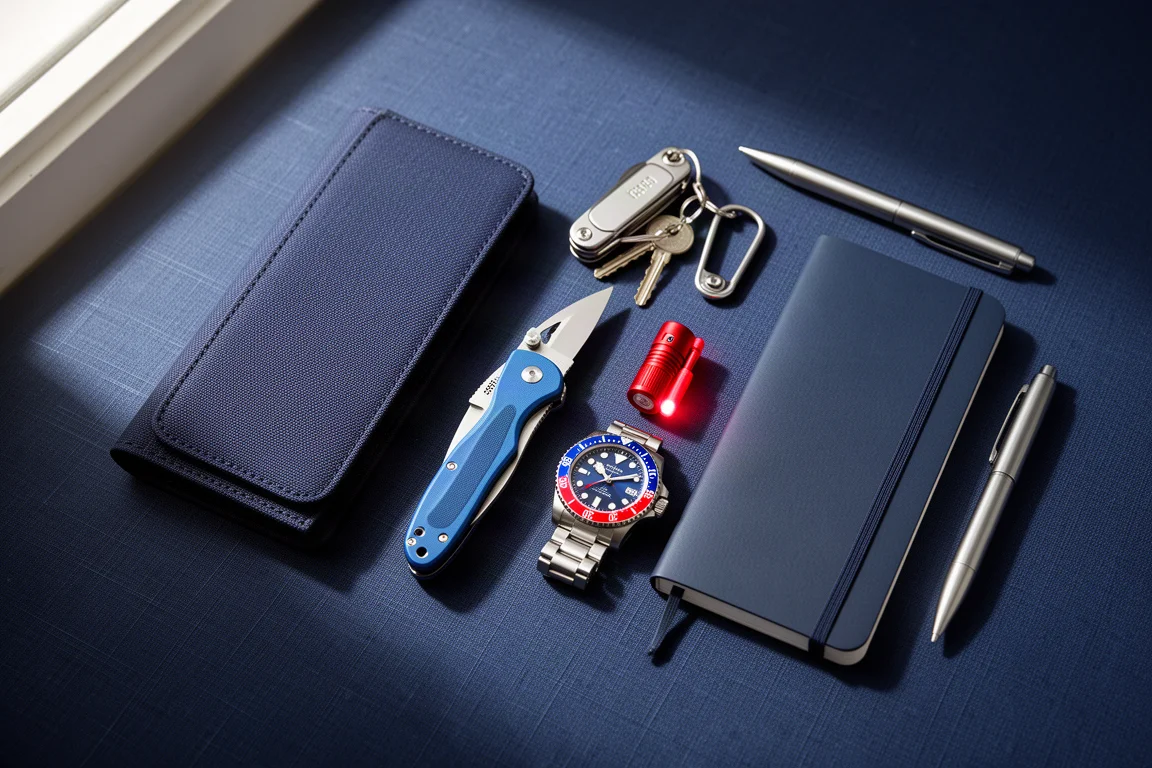 Flat-lay of nautical-themed everyday carry items including wallet, knife, flashlight, watch, notebook, and pen