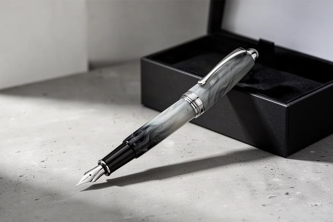 Penna stilografica Navalur Horizon Aurora con resina sfumata dal grigio al nero su una superficie di cemento
