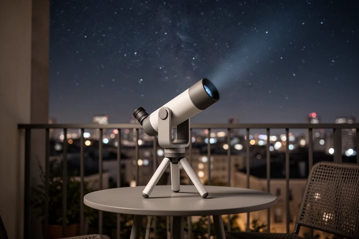 陽台上緊湊型智慧望遠鏡指向滿天星斗的夜空