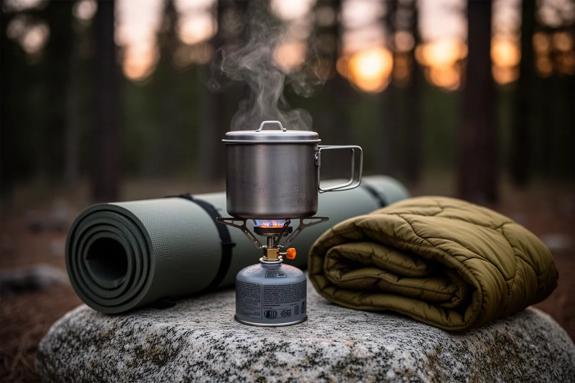 Petit réchaud à cartouche avec flamme bleue sous une casserole en titane sur un rocher de rivière au crépuscule
