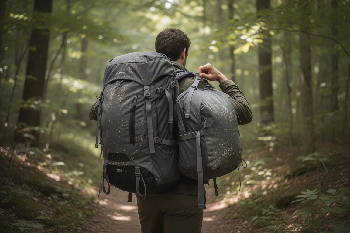 Vue à plat de petits accessoires de backpacking : lampe frontale, trousse de premiers secours et pelle