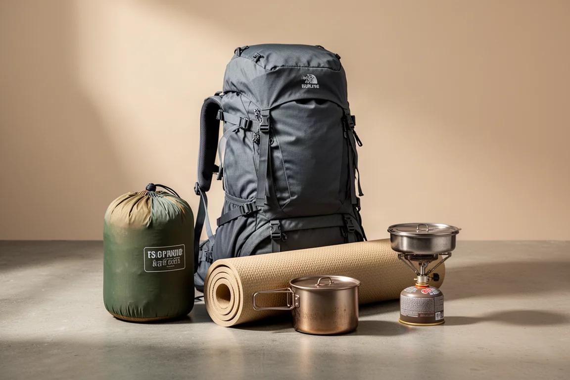 Flat lay of a complete backpacking kit including backpack, tent, sleeping pad, titanium pot and stove