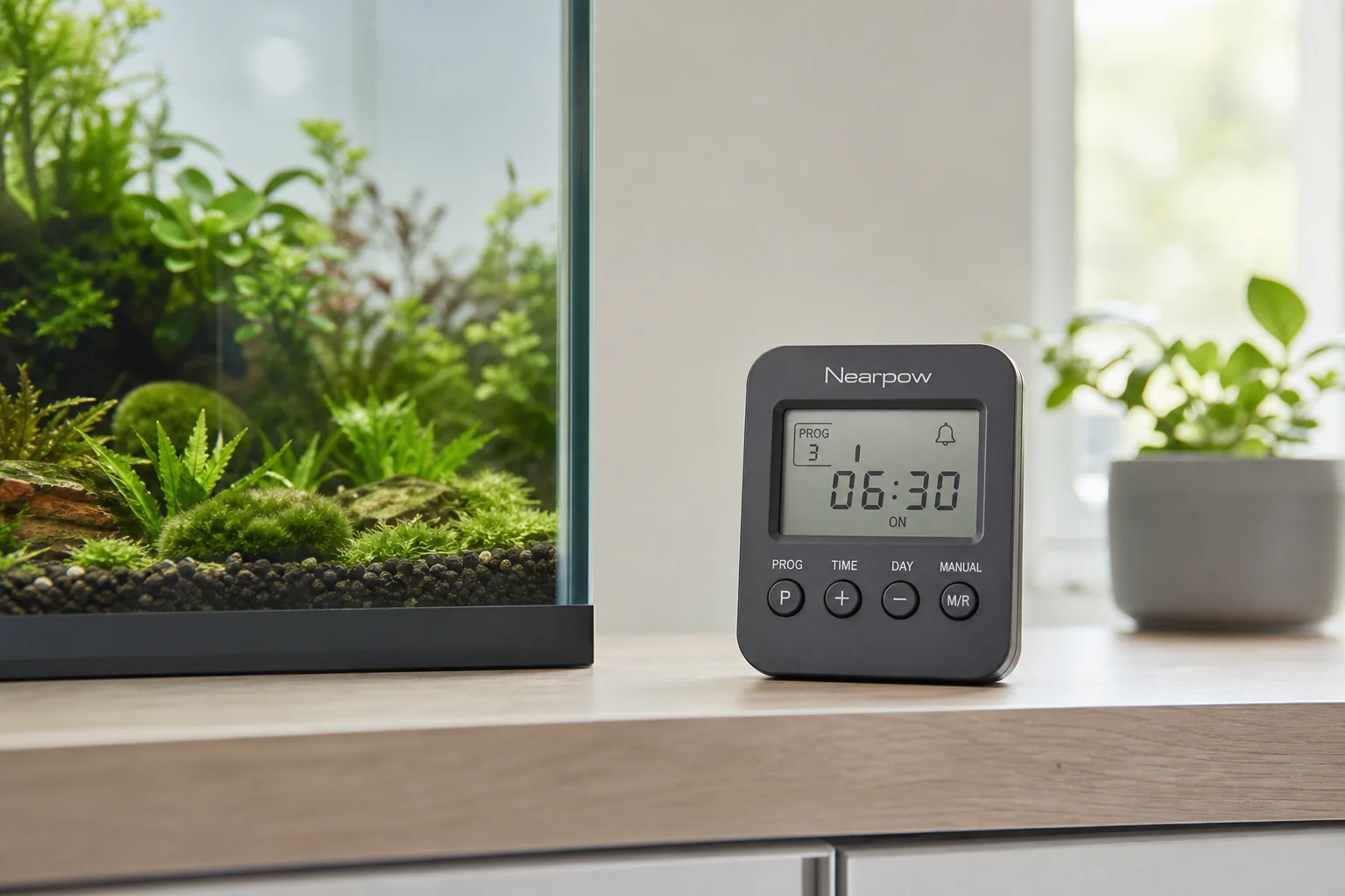 安裝在魚缸設備旁的獨立式定時器，具備電池備援功能