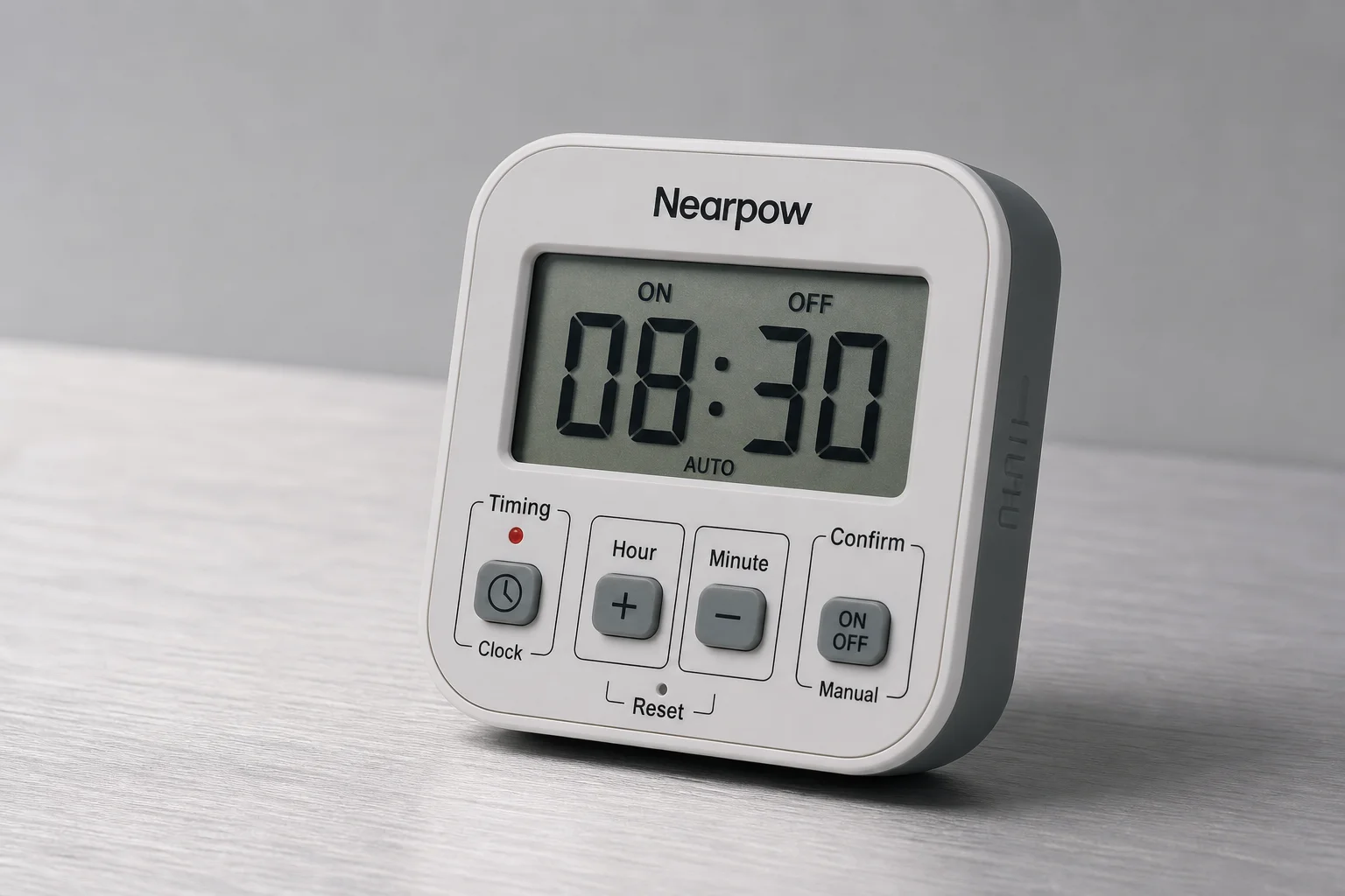Nearpow 定時器裝置，具備 LCD 顯示螢幕與拉絲金屬表面上的控制按鈕