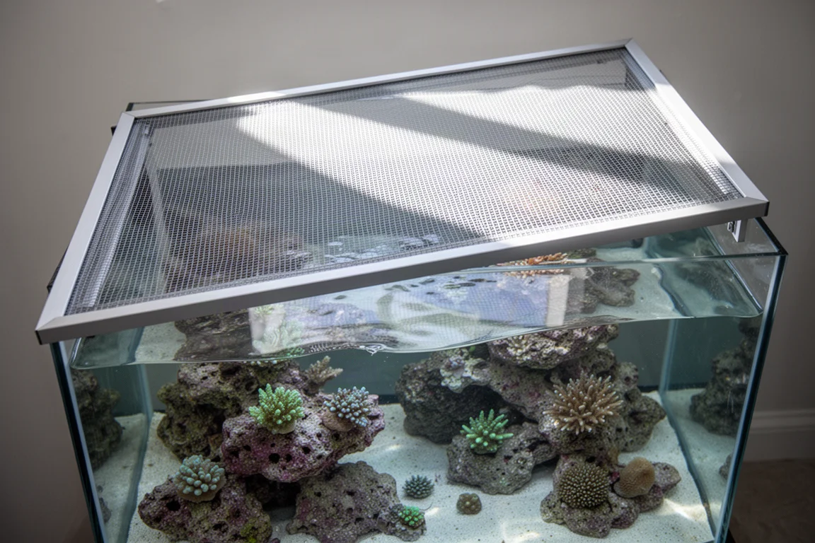 Rif-aquarium zonder rand onder een gaasdeksel in zacht kamerlicht