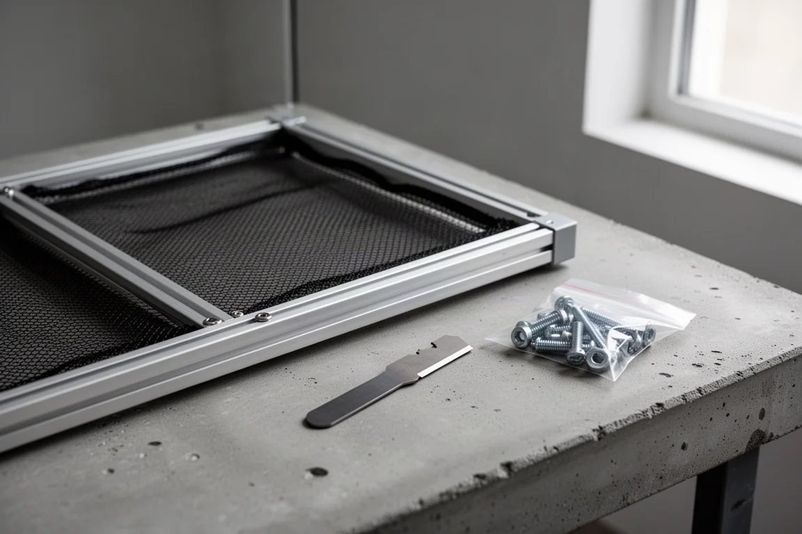 Hoek van een gaasdeksel met aluminium frame, met gaas en een plat scheermesje ernaast
