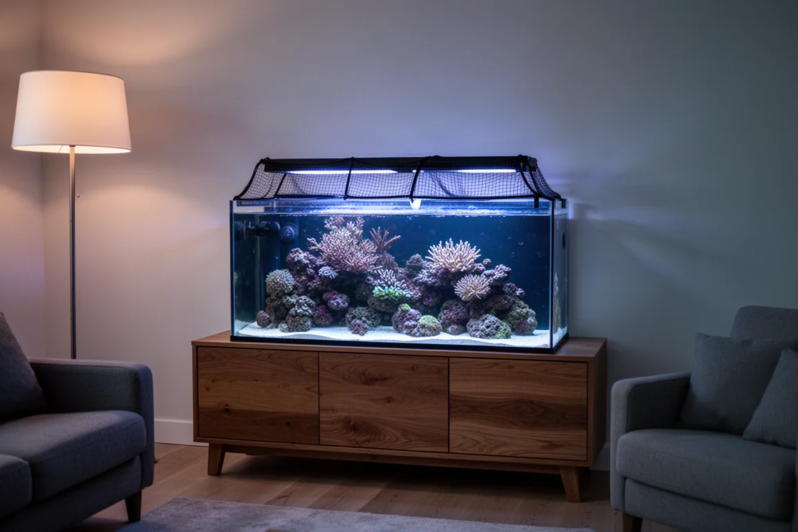 Rif-aquarium in een woonkamer in de schemering met een gaasdeksel erop