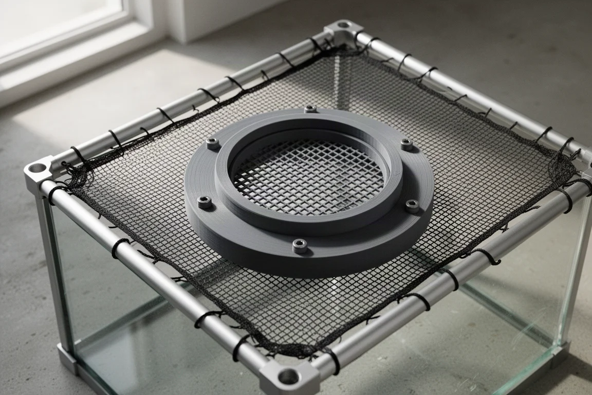 Rond 3D-geprint aquarium-voerluik gemonteerd op een gaasdeksel met aluminium frame