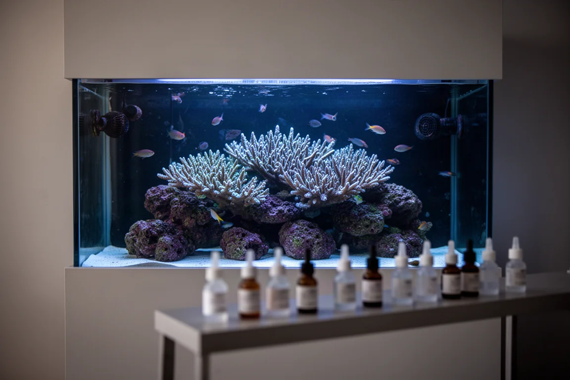 Acquario marino che risplende sotto una luce blu, con uno scaffale per bottiglie di dosaggio visibile accanto