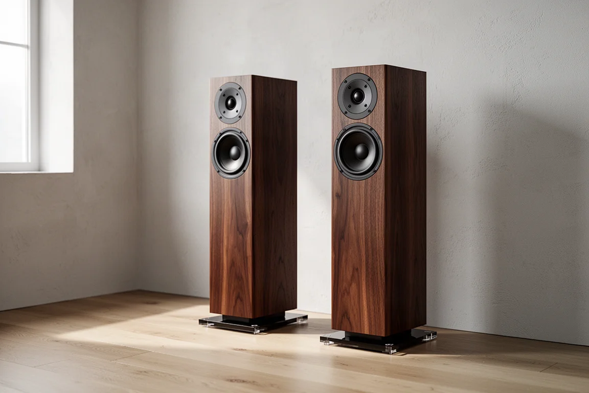 Pair of slim walnut floorstanding speakers on acrylic plinths in a minimal listening room