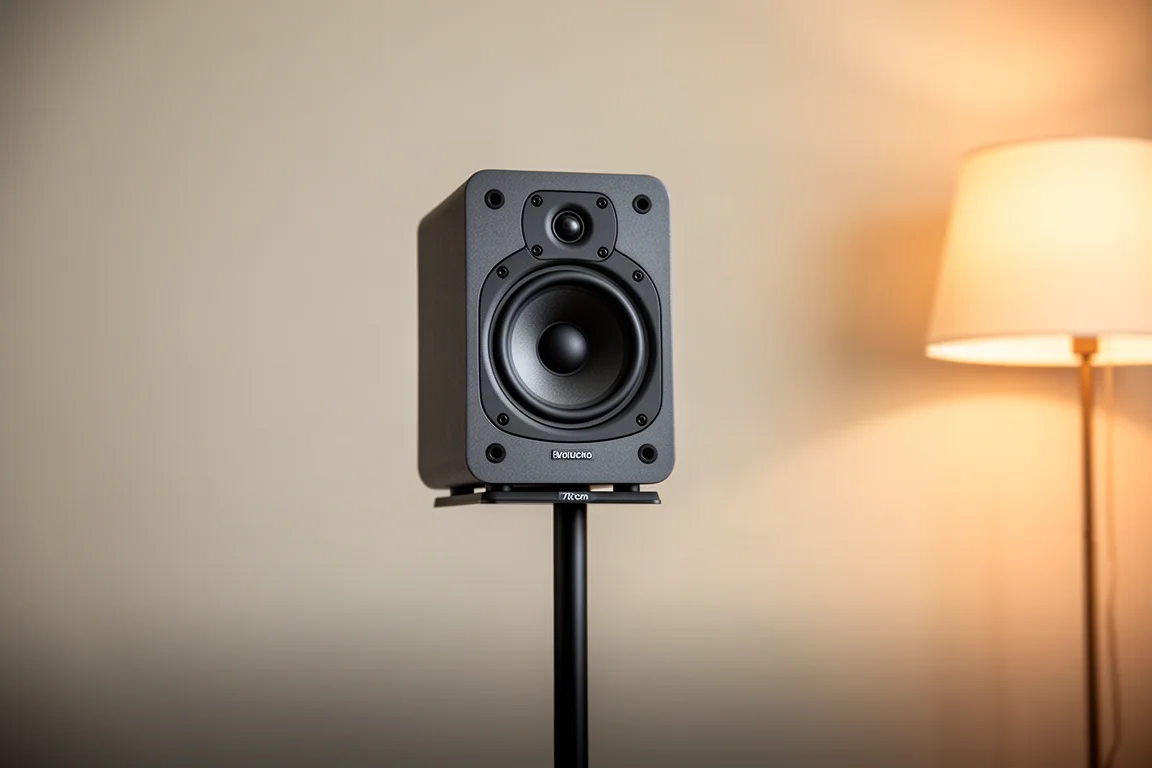 Altavoz compacto sobre un soporte delgado de 70 cm orientado hacia dentro en una sala con luz suave