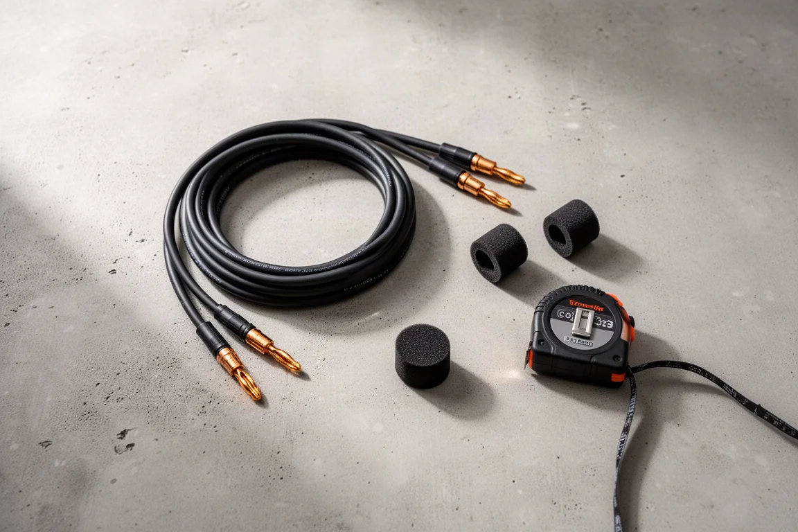 Vista cenital de cable de altavoz, clavijas banana, tapones de espuma para puertos y una cinta métrica sobre cemento