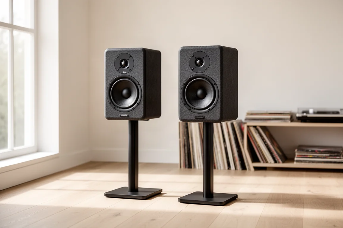 Two compact standmount hi-fi speakers on stands in a bright minimal listening room