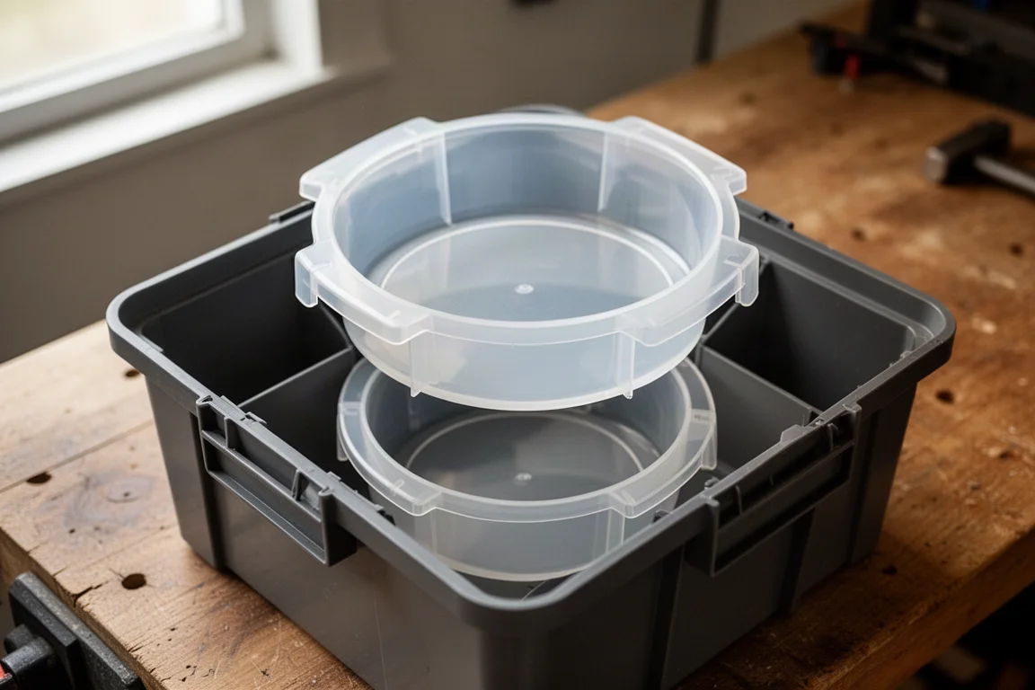 Insertos circulares para organizador de taza apilados dentro de una taza de almacenamiento tipo Packout
