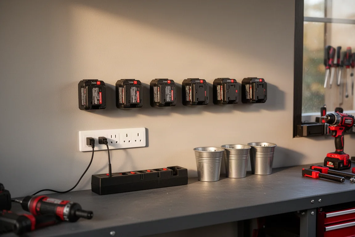 Pared de carga del taller con soportes de batería organizados y cargadores