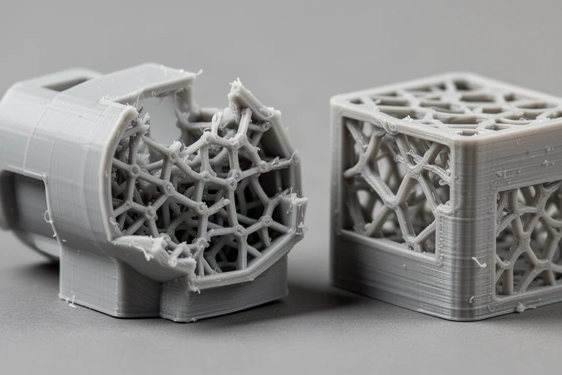 Primer plano de un soporte impreso en 3D mostrando una estructura interna densa