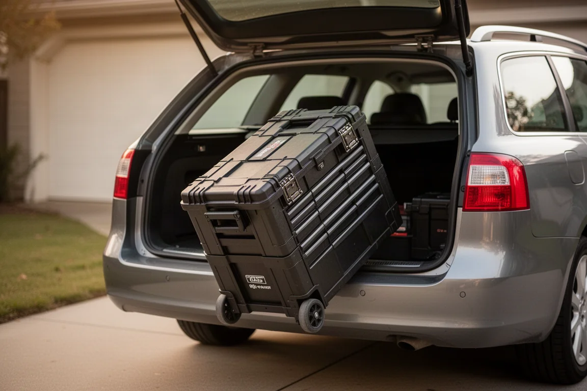 Rolling tool box being loaded into the trunk of a car