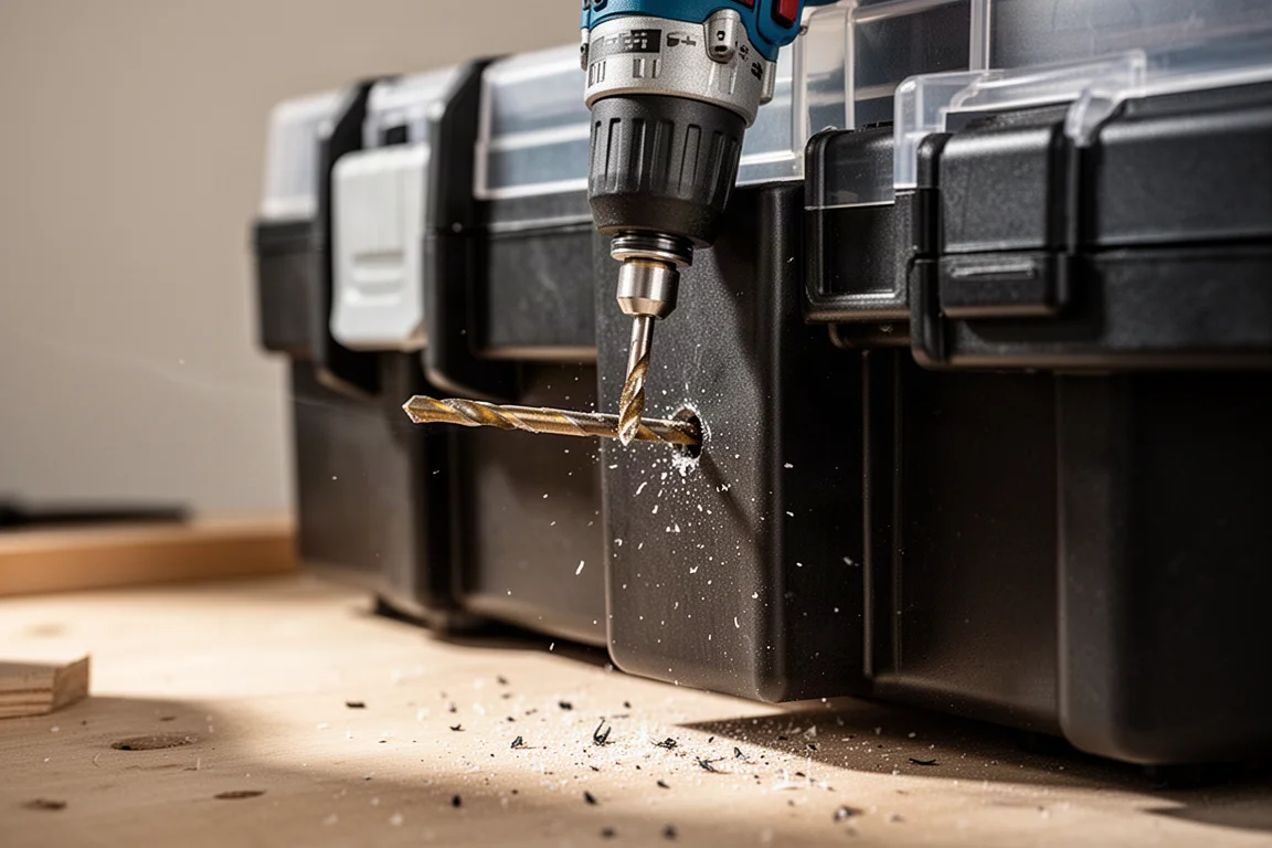 Drill bit enlarging screw holes on the side of a tool box