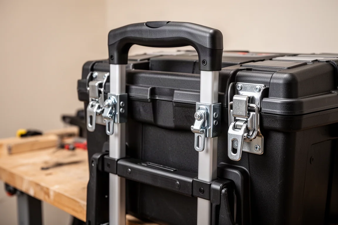 Metal quick-release latches installed at the base of a tool box handle