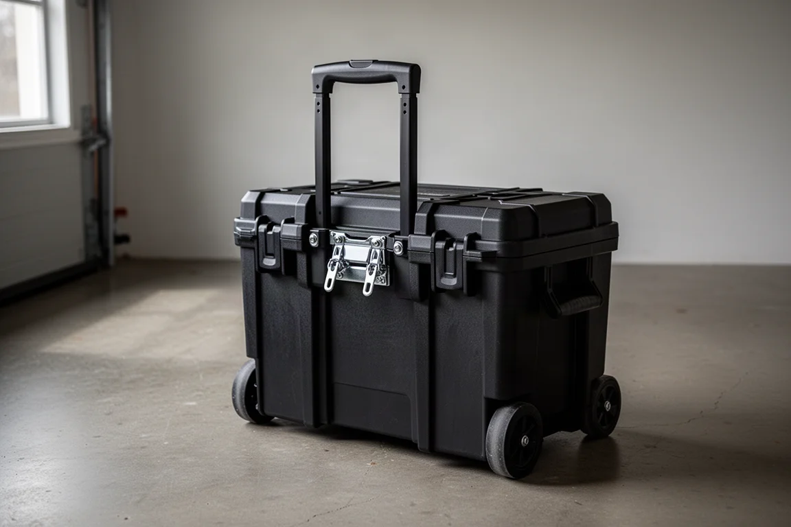 Baule portastrumenti nero con maniglia abbassata e chiusure a sgancio rapido installate