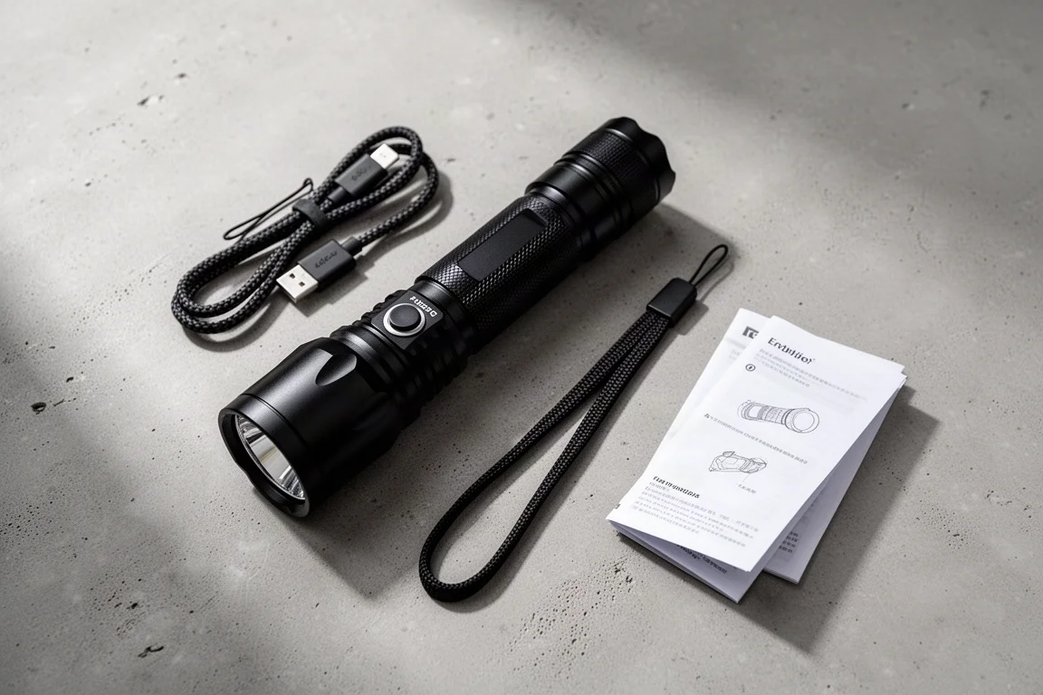 大型黑色電筒平放於混凝土表面上,旁邊有其手繩及 USB-C 線