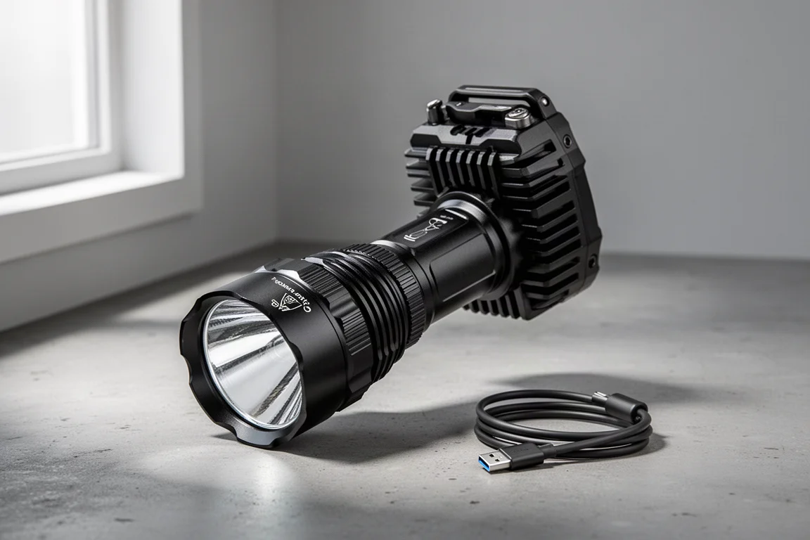 Grande torcia nera ad alta potenza in piedi su una superficie di cemento accanto a un cavo USB-C