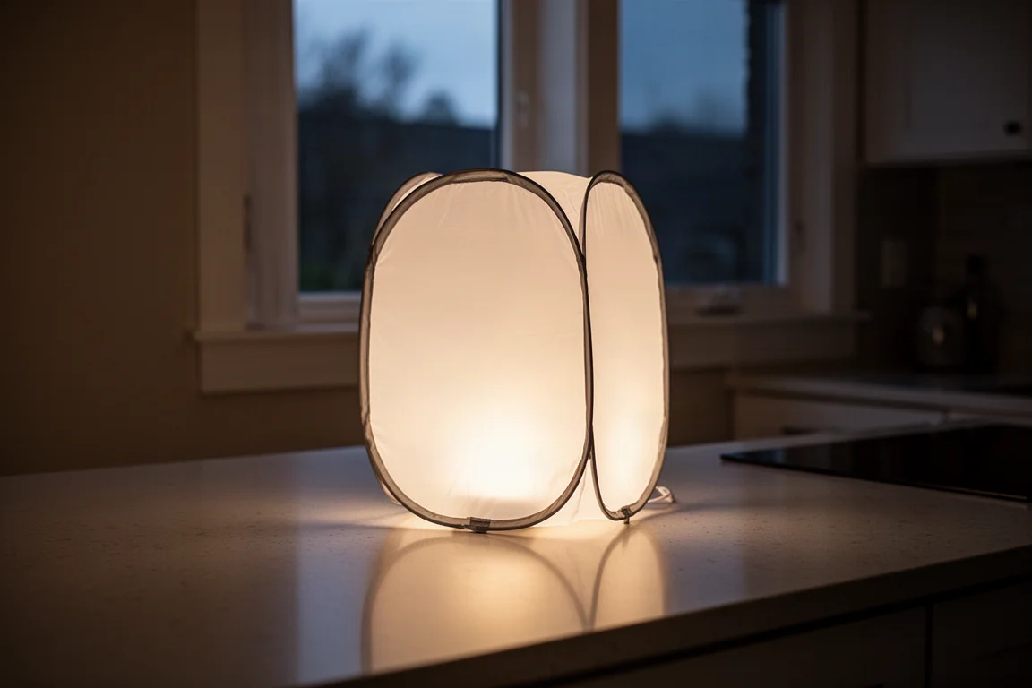 Aufblasbare Laterne leuchtet sanft in einem abgedunkelten Raum während eines Stromausfalls