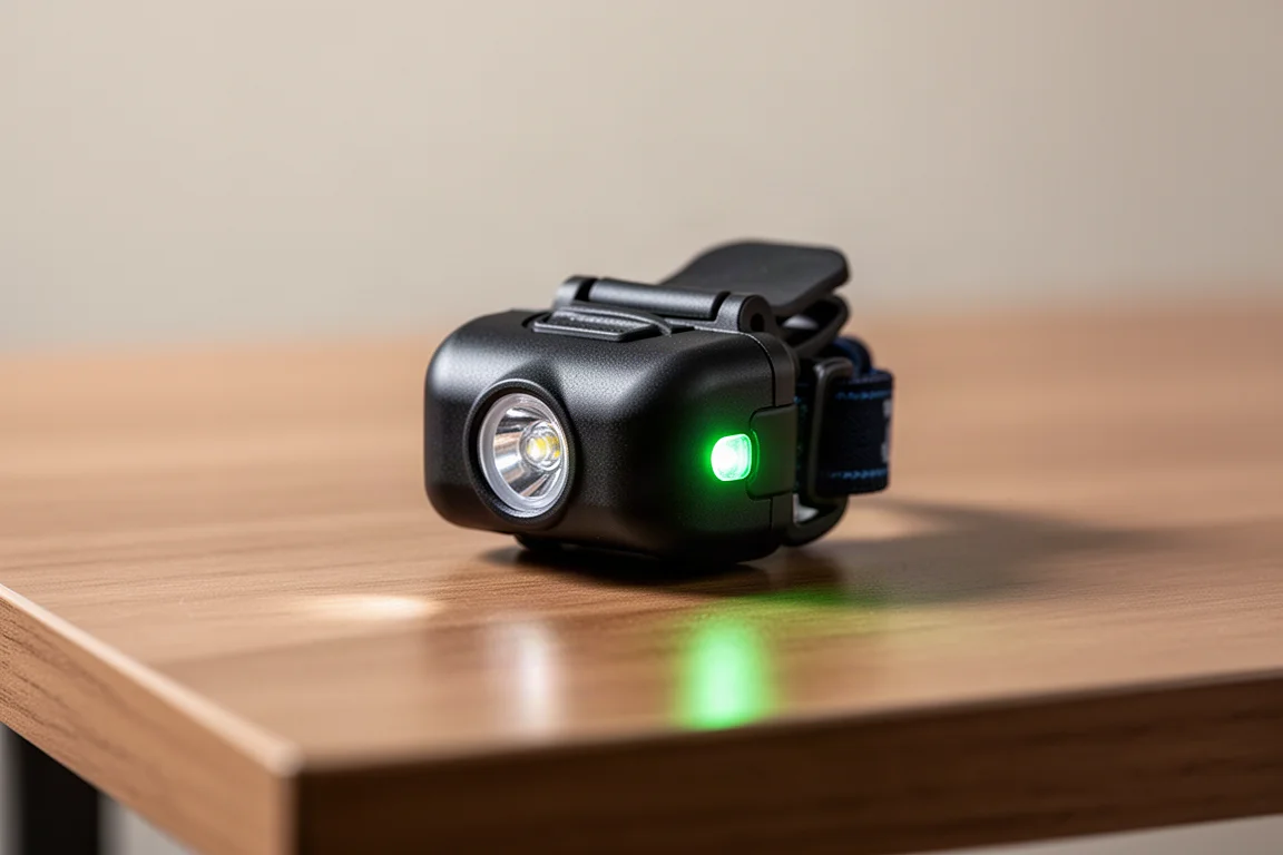 Kleine Clip-Stirnlampe mit grünem Modus-Indikator auf einem Holzschreibtisch