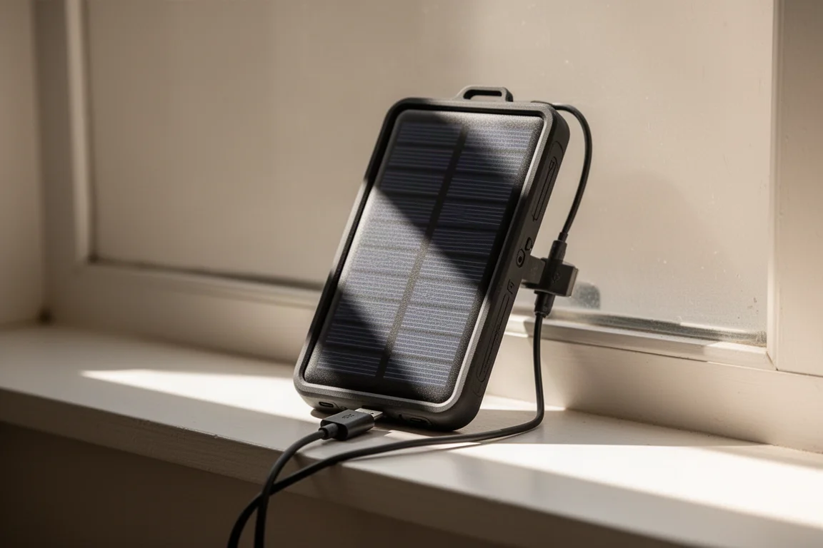 Solar-Powerbank lädt bei Tageslicht auf einer Fensterbank