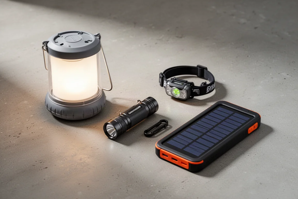 Kit di illuminazione di emergenza in quattro pezzi disposto su una superficie di cemento