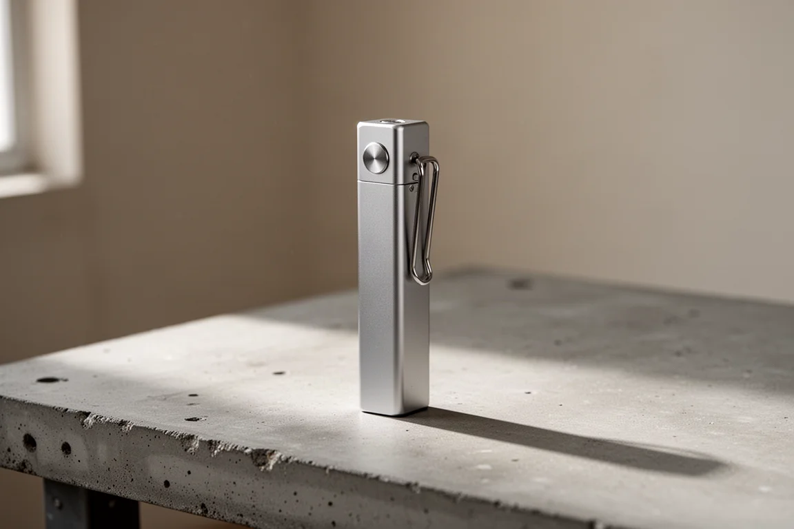 Slim aluminum flashlight standing upright on a concrete workbench under soft light