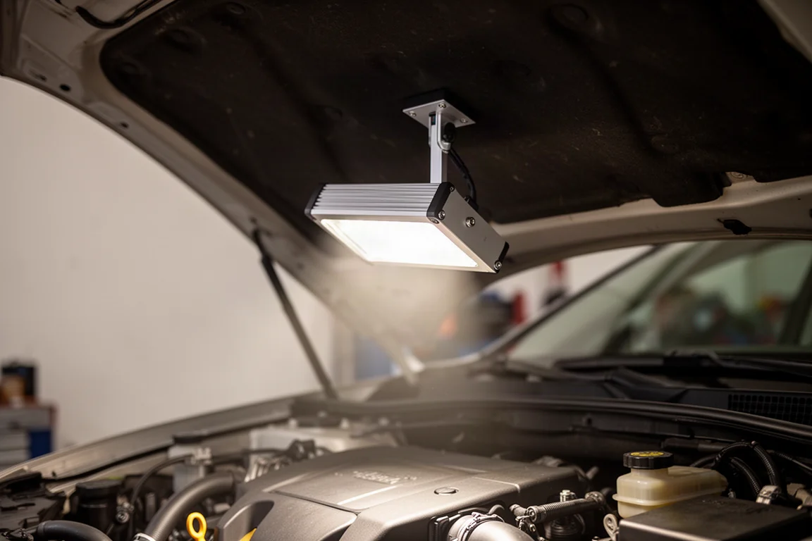 Flashlight magnetically attached to the underside of a car hood lighting an engine bay