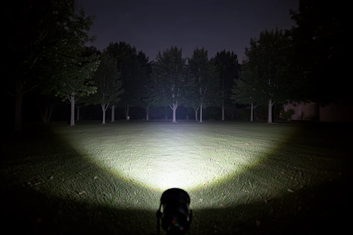 Wide flood beam of white light spreading across a dark yard toward distant trees