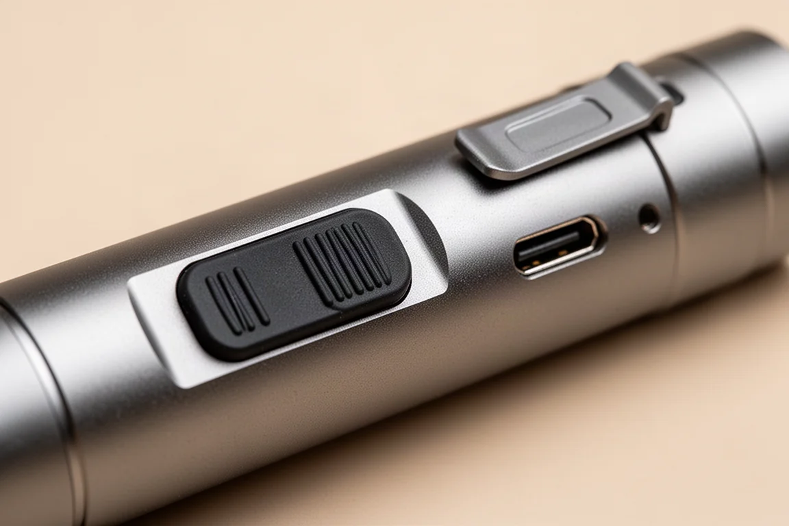 Close-up of a side switch and charging port flap on an aluminum flashlight body
