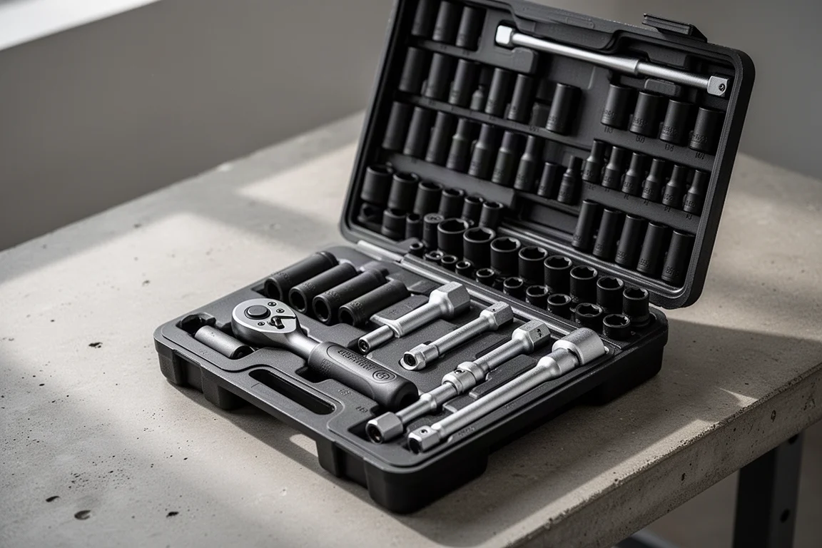 65-piece half-inch drive impact socket set in an open black case on a workbench