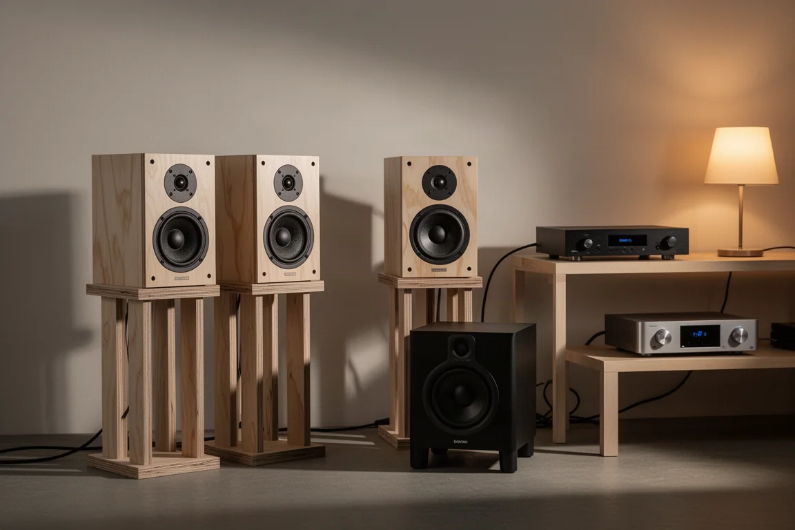 傍晚的两声道高保真音响系统,配有小扬声器和紧凑型超低音