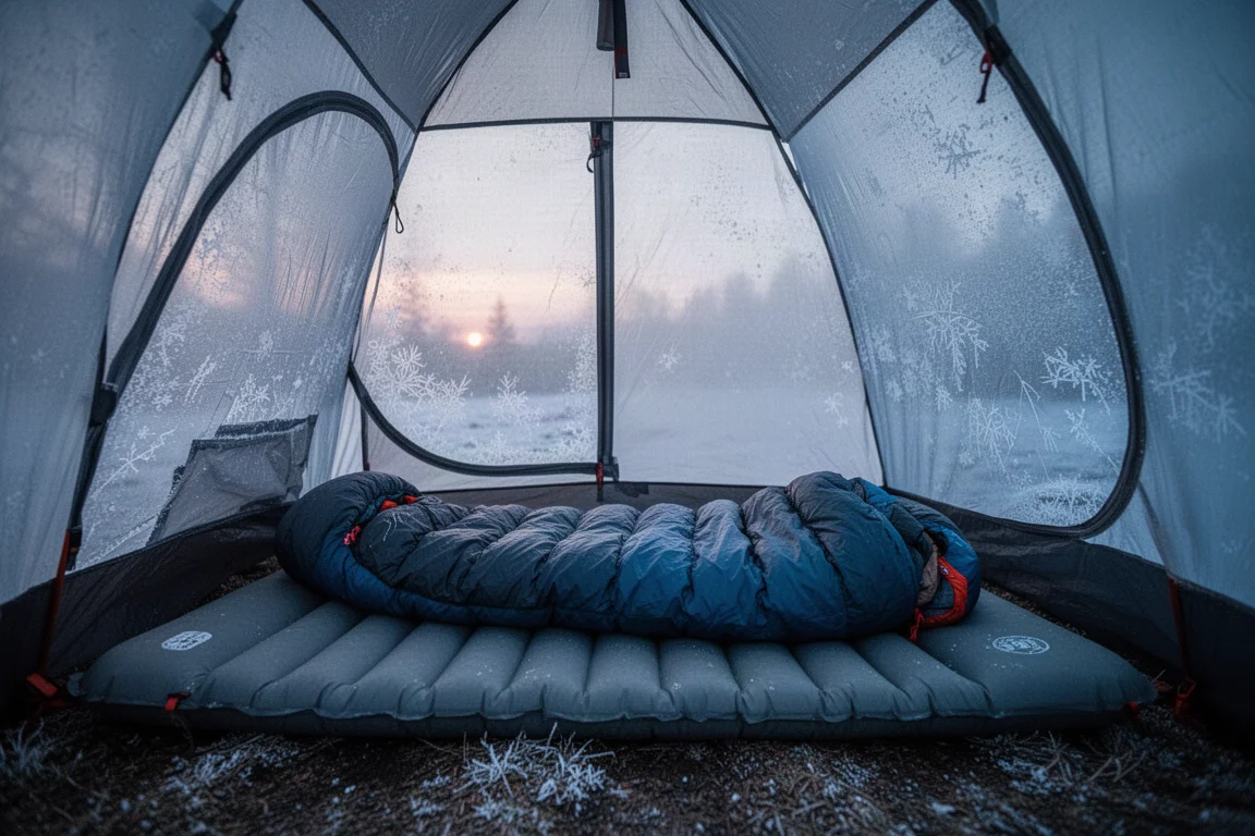 Innenansicht eines Kaltwetter-Backpacking-Zelts im Morgengrauen mit ausgelegter Isomatte und Frost an den Wänden