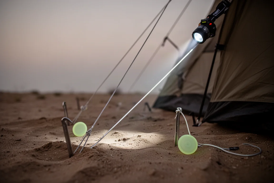 Campingplatz in der Dämmerung mit Abspannleinen zu Heringen in sandigem Boden und reflektierender Schnur