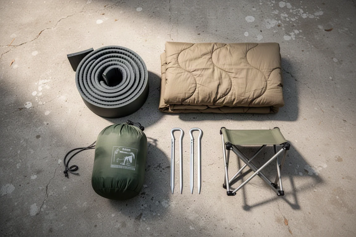 Draufsicht auf flach ausgelegte Backpacking-Ausrüstung auf verwittertem Beton mit Matte, Quilt, Packsack und Heringen