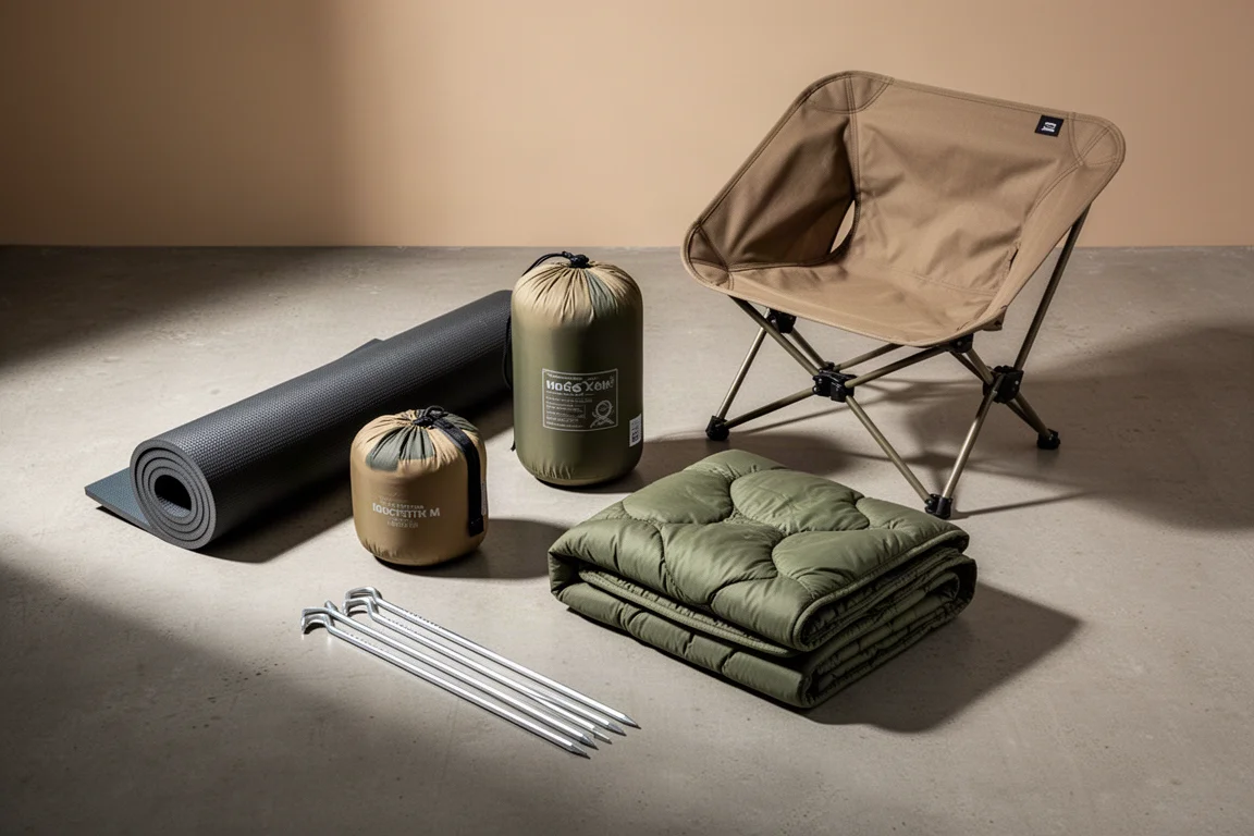 Camping and backpacking gear arranged on a matte concrete surface for an editorial review banner